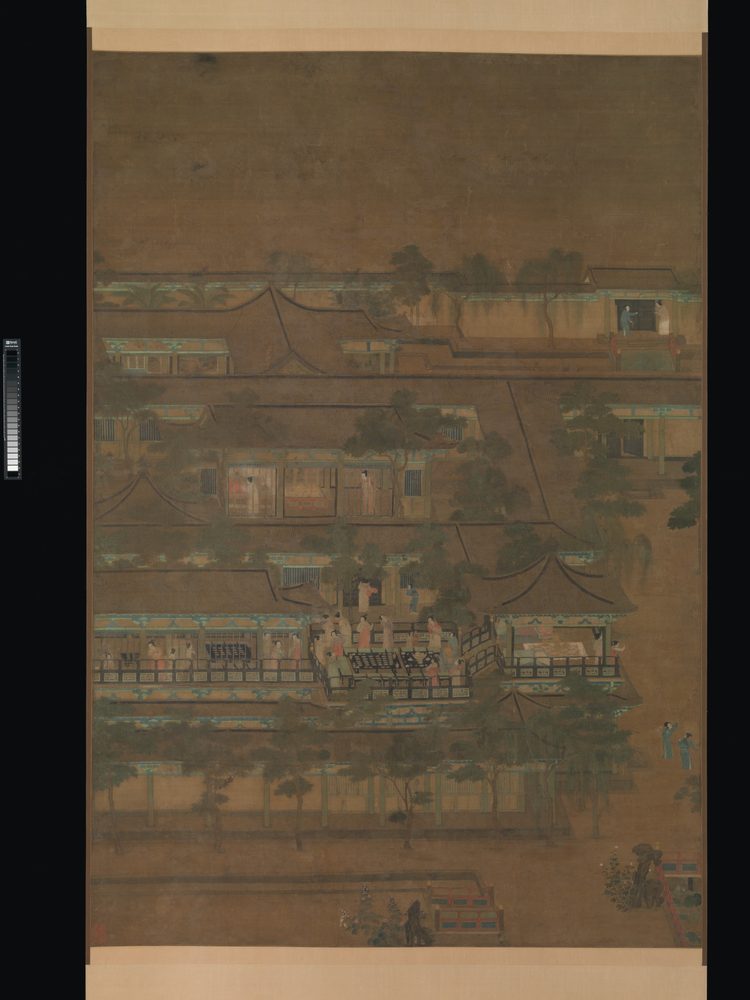 Un palacio de varios pisos donde las damas de la corte celebran una fiesta con comida y música; rollo vertical en tinta y color sobre seda.