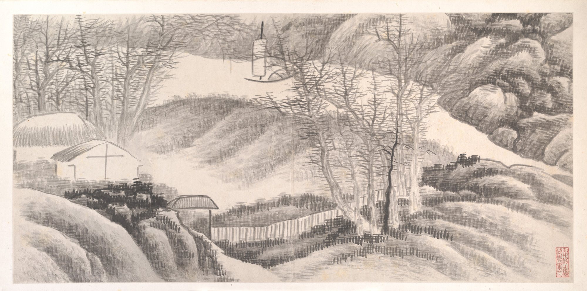Una hoja del álbum de los doce meses: casas y árboles cubiertos de nieve; tinta sobre papel.
